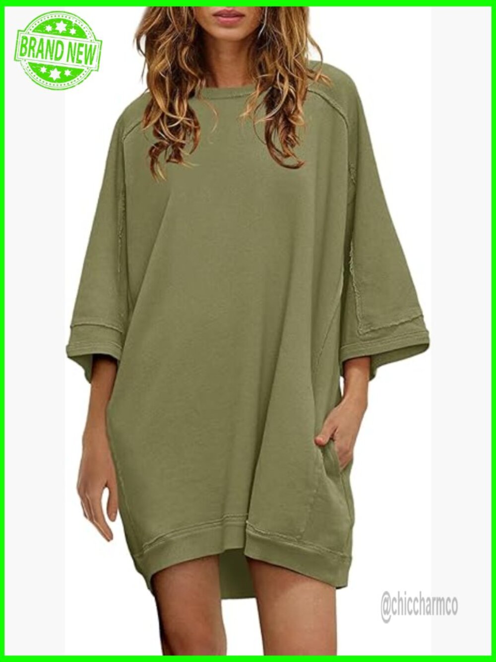 Oversized Sweatshirt Dress 3/4 Sleeve Crewneck Tunic Pullover with Pockets